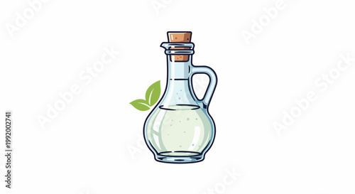 A clear glass bottle with a cork stopper and handle contains a pale liquid