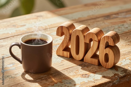 Coffee cup and wooden numbers show the year 2026 on a wooden table in a bright room