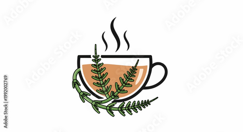 A clear cup holds warm, amber-colored tea, with steam rising. Green sprigs adorn the cup