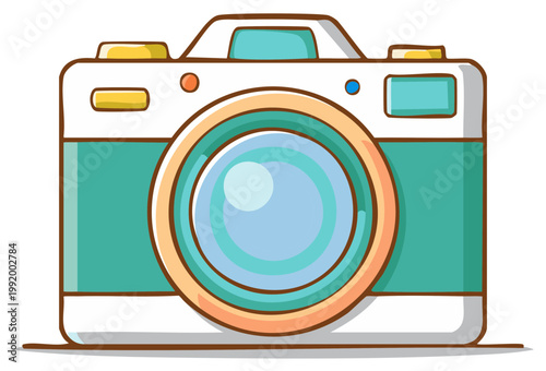 Stylized photographic camera features a teal body, circular lens, and light yellow, orange, blue button details on a white background.
