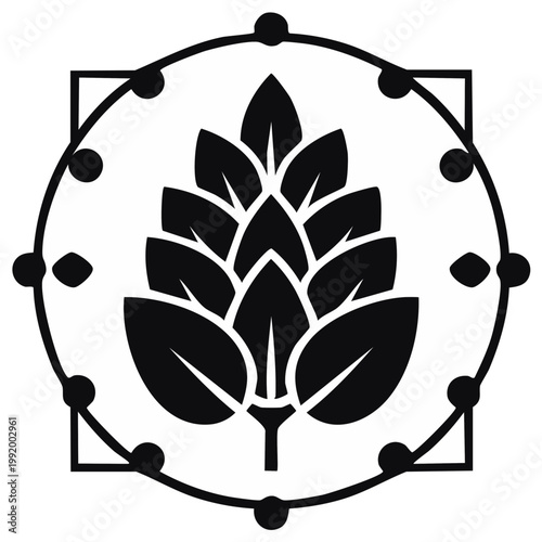 Elegant black silhouette of a hop cone within a circular geometric frame