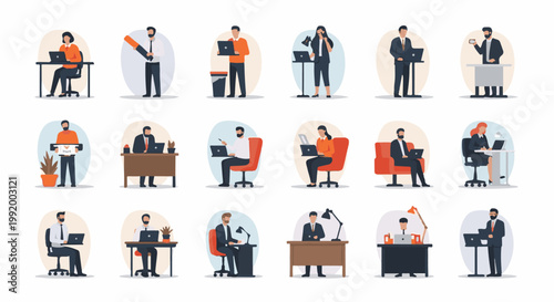 A collection of diverse individuals engaged in various office tasks, utilizing technology and furniture