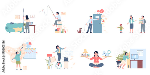 Work life balance scenes. Lifestyle and stress manage, harmony between job and free time. Mental health, rest, career and relax, recent vector concept
