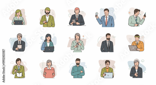 A collection of diverse individuals in professional attire, engaged in work-related activities