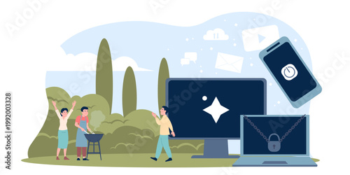 Digital detox concept. Man disconnected from gadgets, turn off computer, smartphone and tablet and spend time with friends, family, recent vector scene