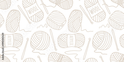 Seamless knitting pattern. White background with beige silhouettes of balls of thread, yarn, and crochet hooks. Handicraft print for packaging and design, vector graphic
