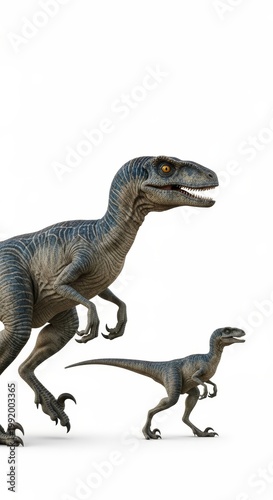 Adult Raptor and Small Baby Dinosaur Realistic Illustration