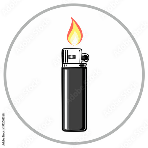 Black Disposable Lighter Ignited with a Bright Orange Flame Burning
