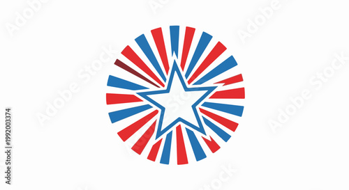 A circular emblem with radiating lines in red, white, and blue, featuring a central star