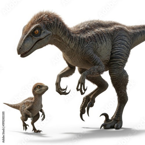 Realistic Velociraptor with Juvenile Isolated on White Background
