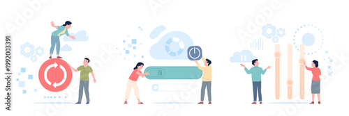 Updating buttons concept. People update systems, work process and reload. Digital renovation, restart job, life or relationship. Turn slider, flip toggle recent vector scenes