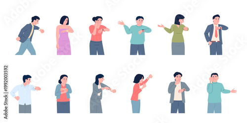 People check time. Men women looking on hand watch with different emotions. Characters is late, waits, meets. Deadline and delay, busy recent vector set