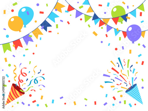 Popper party banner. Festival poppers, confetti, colorful ribbons, balloons and garlands with flags. Template design for certificate, diploma, tidy vector element