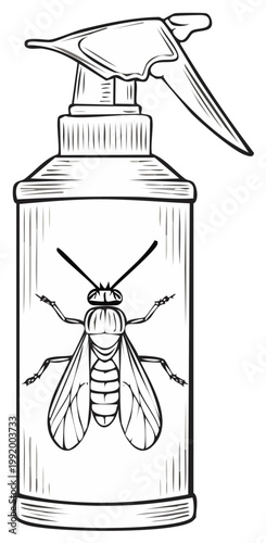 Insecticide spray bottle with wasp illustration line art drawing