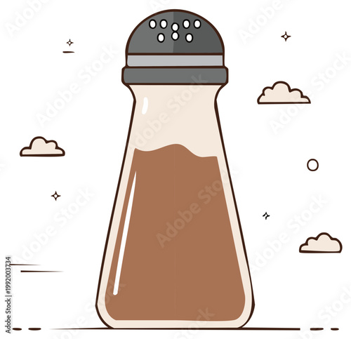 Cartoon condiment shaker with seasoning, clouds, stars, and geometric shapes on white