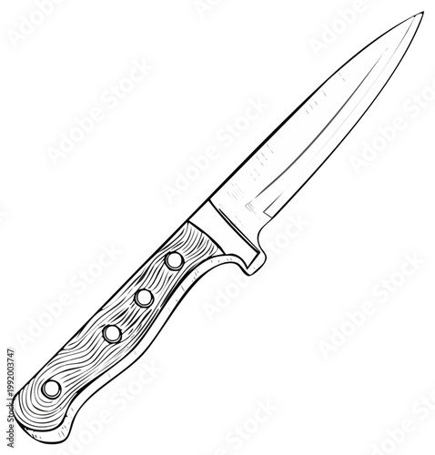 Sketch of a Knife with Wooden Handle, Kitchen Utensil Illustration