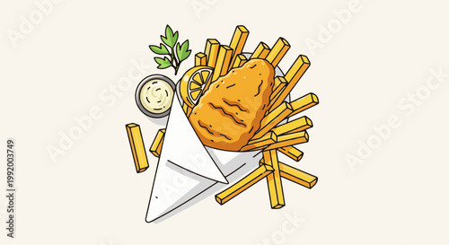 A crispy fish fillet and golden fries served in a paper cone with lemon and dip