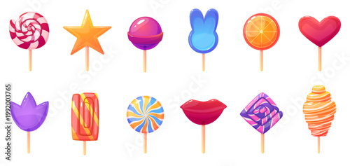 Cartoon lollipops. Lollipop different shapes, sweet candy on stick. Candies for children. Swirl, lips, spiral, heart, orange slice sweets, nowaday vector set