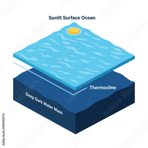 Ocean Layers Diagram - Sunlit Surface, Thermocline, Deep Dark Water Mass.