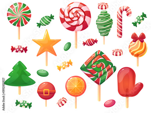 Cartoon christmas candies. Holiday season lollipops, candy in wrapper. Striped sweets for kids, sugar caramel for gifts. New year desserts, nowaday vector x-mas clipart