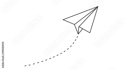 Minimalist Black Outline Paper Airplane Flying Upwards with Dashed Line Path, Symbolizing Journey, Communication, Freedom, and New Ideas.