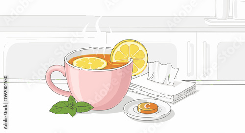 A cup of hot tea with lemon, mint leaves, tissues, and a vitamin C tablet