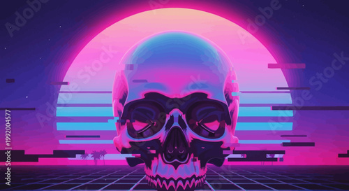 Vibrant neon skull in futuristic digital landscape.
