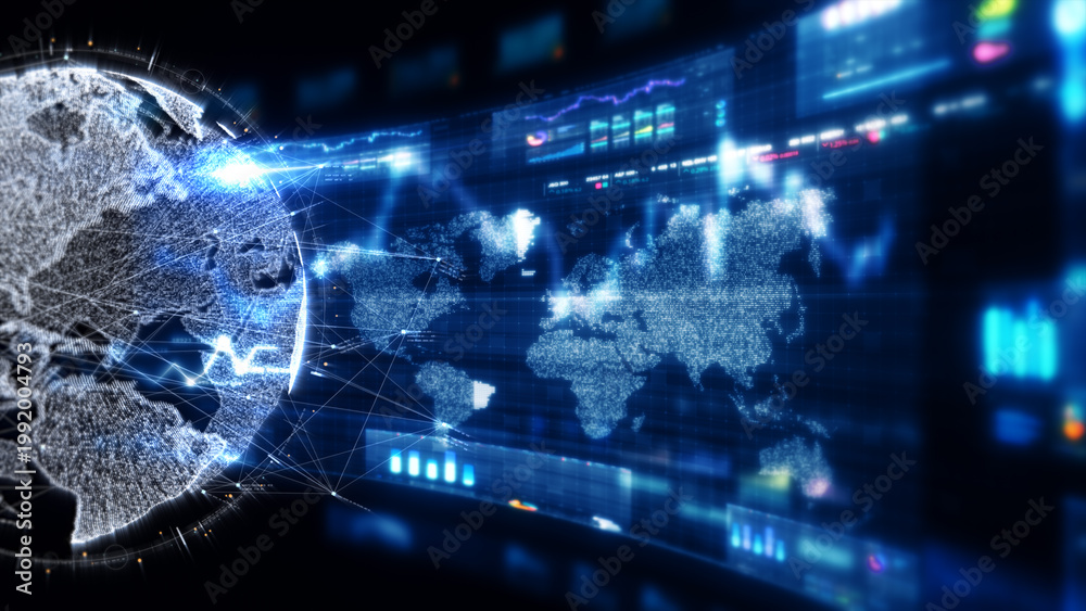 Obraz premium Futuristic global financial data visualization, world map and digital globe with candlestick chart, stock trading analytics, forex market dashboard, fintech infographic, big data interface