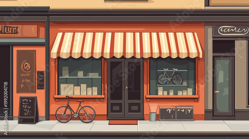 A stylized illustration featuring a streetscape with shops, a bicycle, and a striped awning