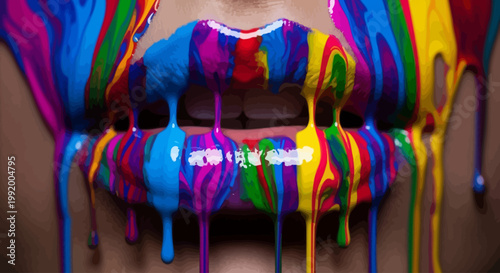Vibrant colorful paint on lips and skin.