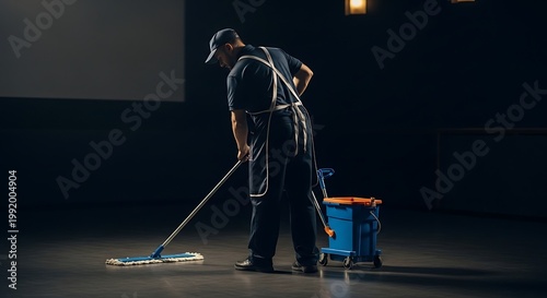 A cleaner with a mop and bucket is working on the dark floor of a theatre stage.