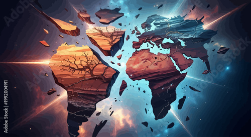 A surreal depiction of a fragmented world map.