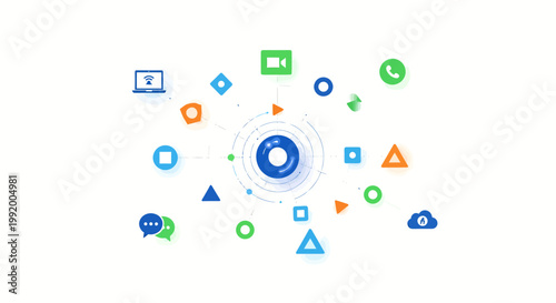 network communication icons surrounding central server hub for digital connectivity and data exchange in modern technology