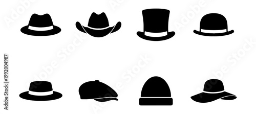 Black hat silhouettes, fashion icons, headwear collection, vector graphics
