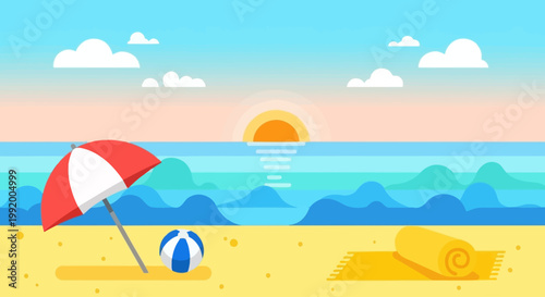 Beach scene with umbrella and ball.