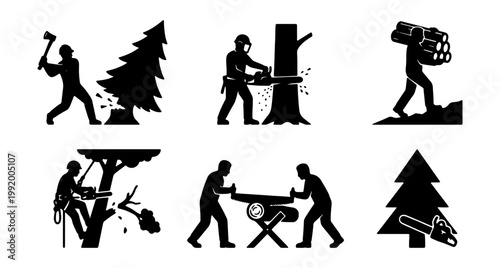 Lumberjack icons, logging symbols, woodcutting signs, forestry illustrations