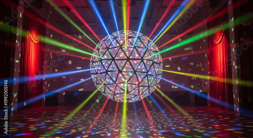 Vibrant disco ball with colorful lights.