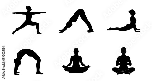 Yoga, Silhouette, Fitness Icons, Vector, Black