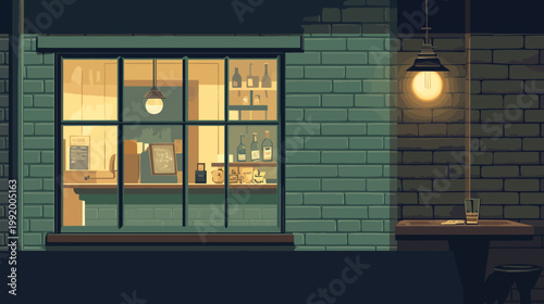 Pixel art scene of a warmly lit shop interior and exterior. Window, brick walls, and dim ambiance
