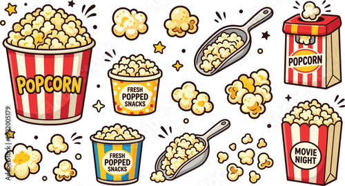 Popcorn snack cartoon vector collection with striped buckets, scoops and kernels, fun movie night food illustration set for cinema and packaging design