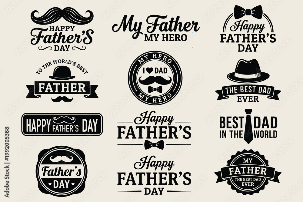 Fototapeta premium Father’s Day celebration vector illustrations featuring classic mustache motifs and vintage-inspired typography on neutral textured background