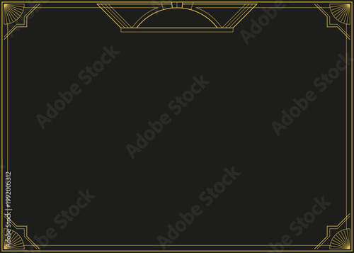 Luxury Minimalist Art Deco Frame on Black Background, Thin Gold Line Border Template with Copy Space, Gatsby Style Elegant Invitation Background (7:5 Ratio)