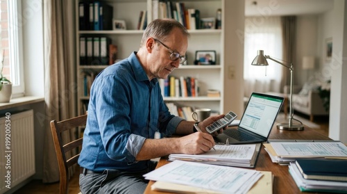 A mature man is intently working at a desk in a home office. He is wearing glasses and a blue denim shirt.