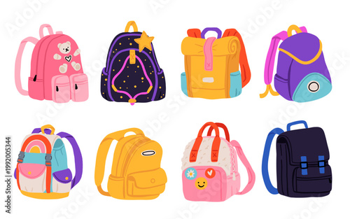 School backpacks collection with colorful kids bags, travel backpacks and cute designs. Flat vector illustration of back to school accessories isolated set