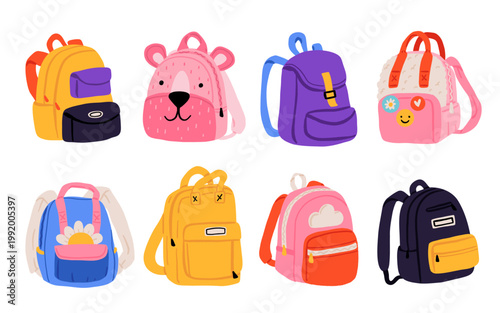 Cute kids backpacks set, school bag collection, bear face, patches, colorful children rucksack, back to school flat illustration