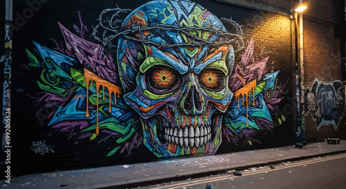 Vibrant street art skull mural at night.