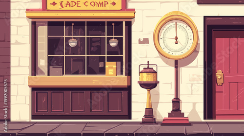 A stylized illustration features a shop front, clock, and door in warm tones