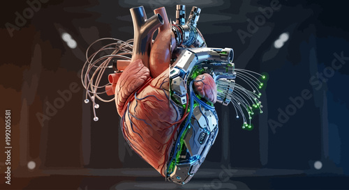 A futuristic robotic heart with wires and circuits.