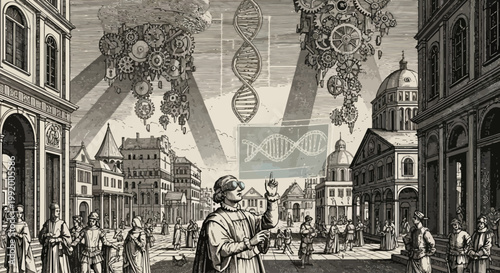 An old man looking at floating orbs in a city square with people around.