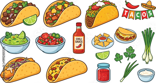 Taco Mexican food cartoon vector collection with tortillas, guacamole, salsa and ingredients, colorful street food illustration set for menu design